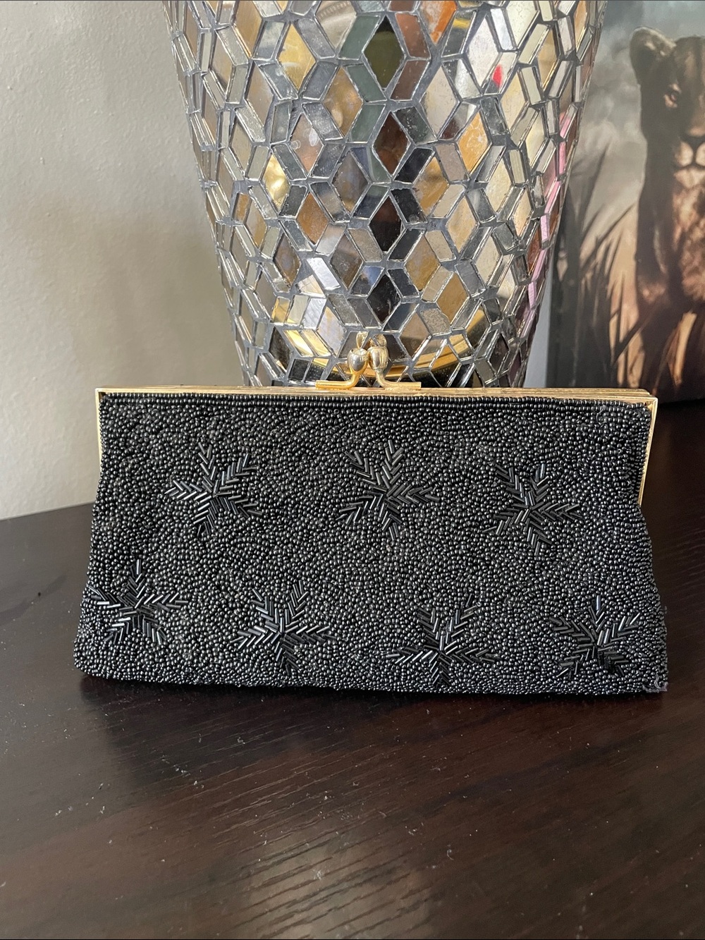 Vintage Mid-Century Kiss Closure Black Evening Clutch